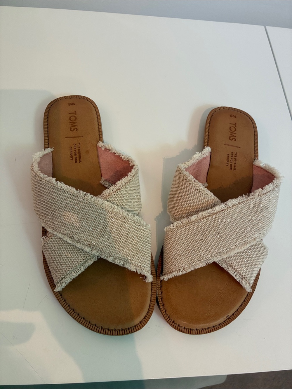 TOMS Beige Frayed Crisscross Slide Sandals